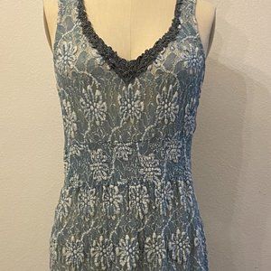 Free People Sheer Beaded V Neck Midi Dress Blue S